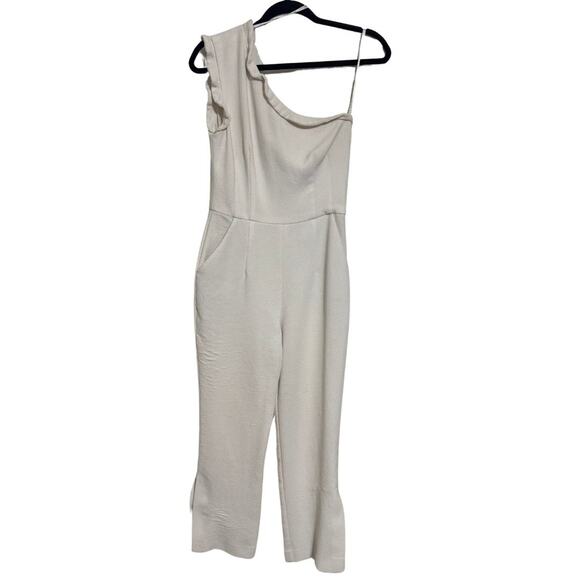 BLACK HALO Pravella Crepe One Shoulder Fitted Cropped Flare Jumpsuit White 2 - Picture 2 of 6